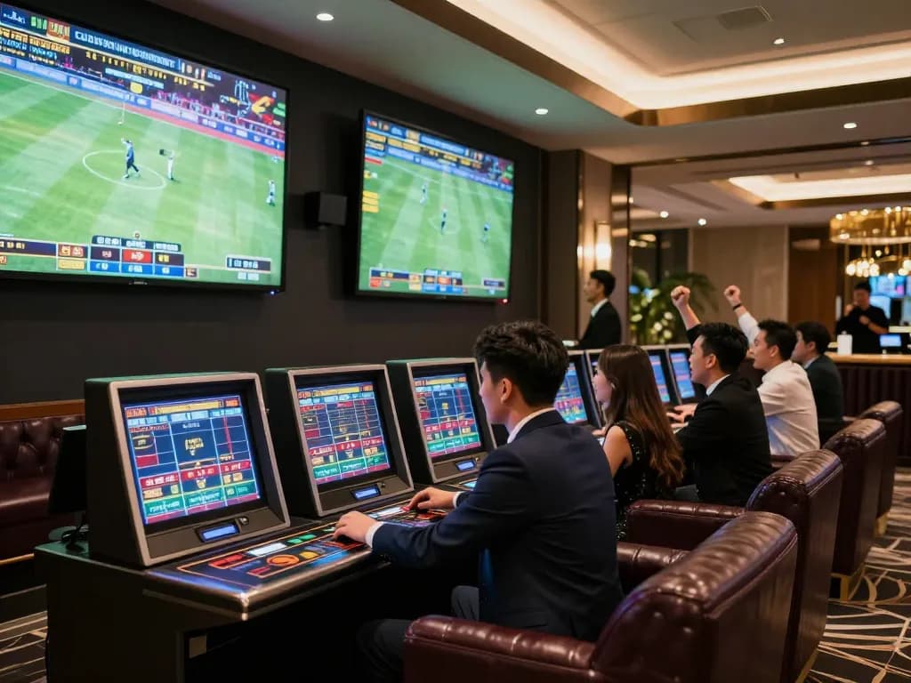 Experience dynamic sports betting with LC88 in an upscale lounge environment.