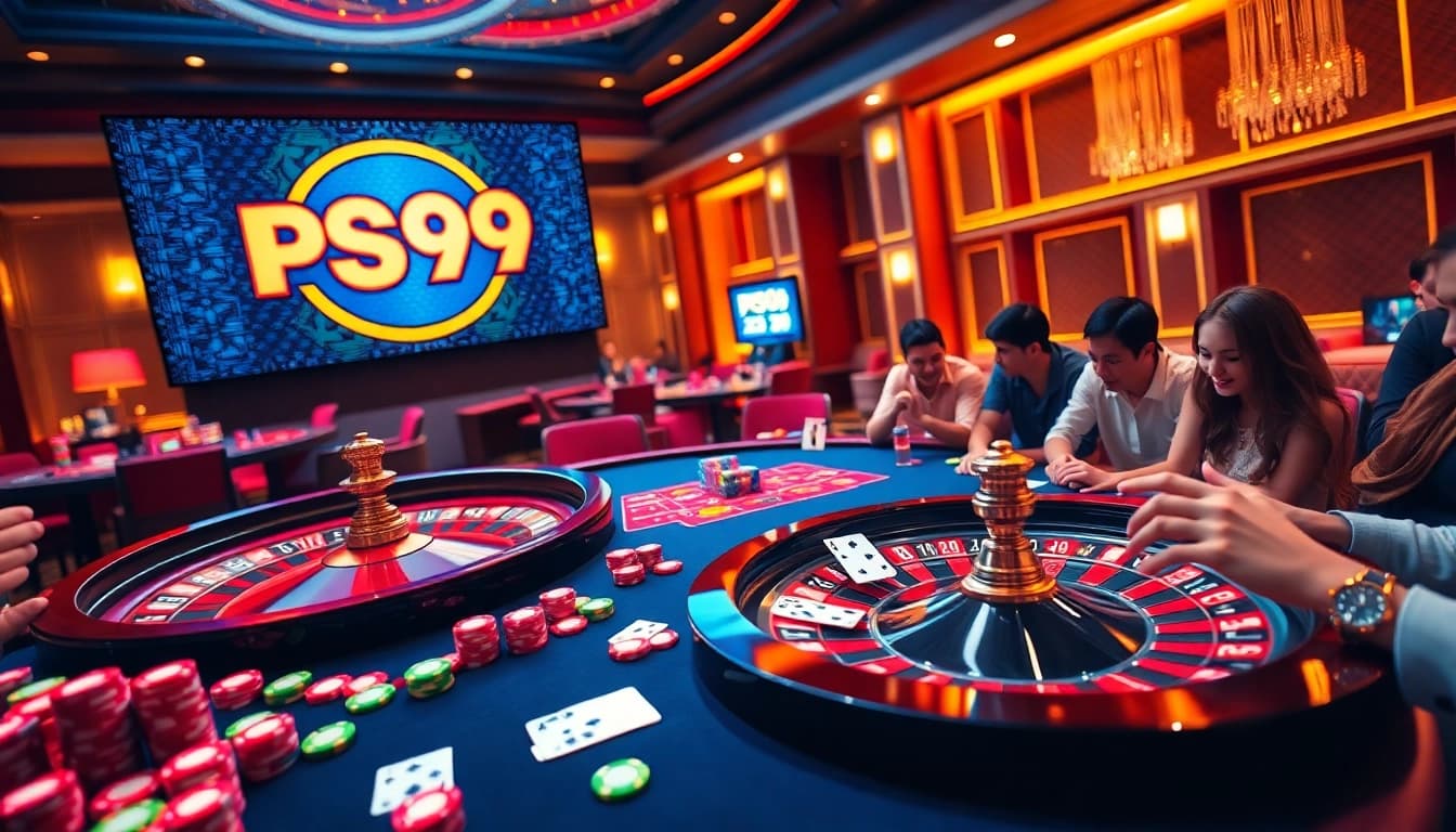 Action-packed gaming scene featuring PS99 logo with vibrant poker and roulette elements.