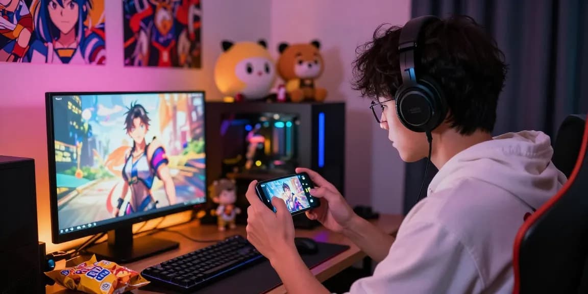 Enjoying a mobile hentai game on smartphone surrounded by anime decor.