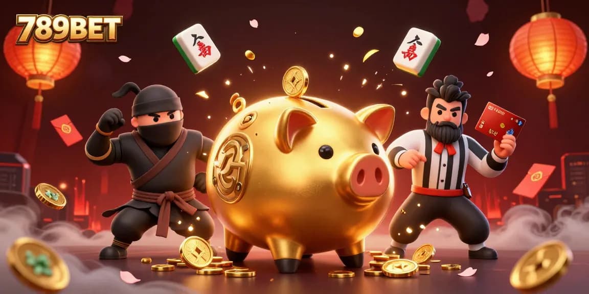 Experience dynamic gaming with 789BET's vibrant illustration showcasing a sumo wrestler surrounded by casino elements.
