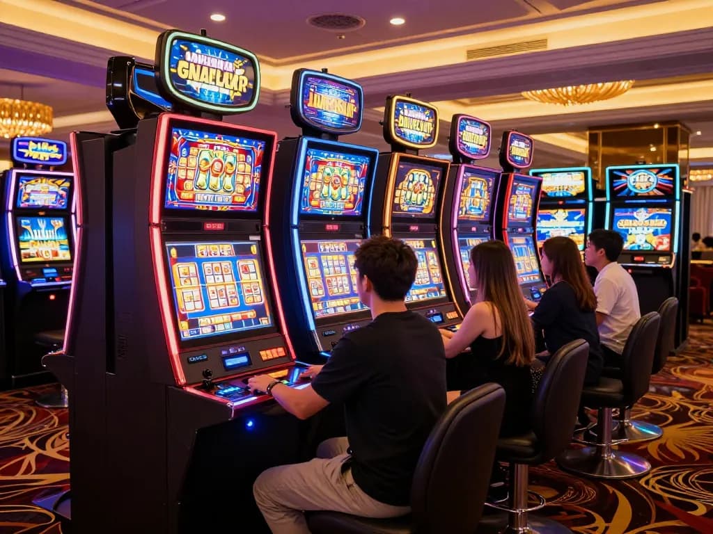 Players enjoying the excitement of slot games at GG88 casino, vibrant machinery creating a lively atmosphere.