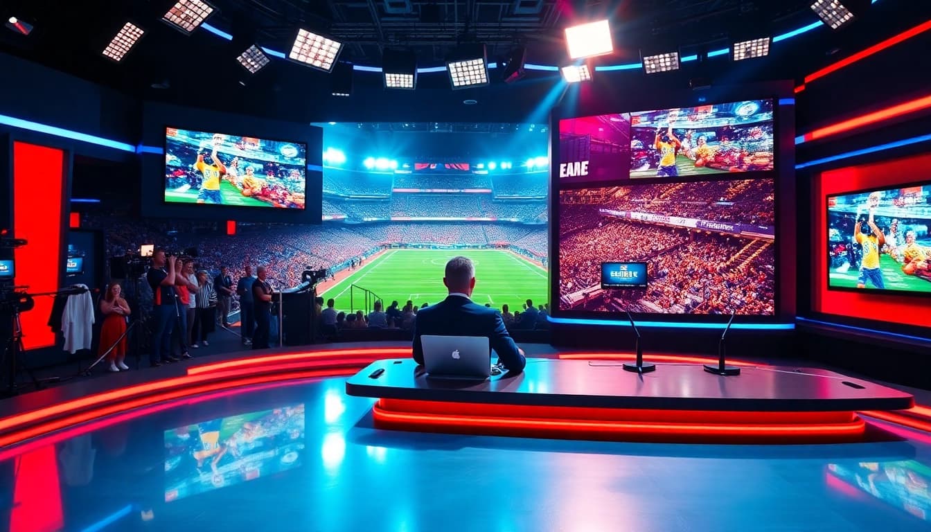 Sports Broadcasting in a vibrant television studio with an energetic anchor and live events.