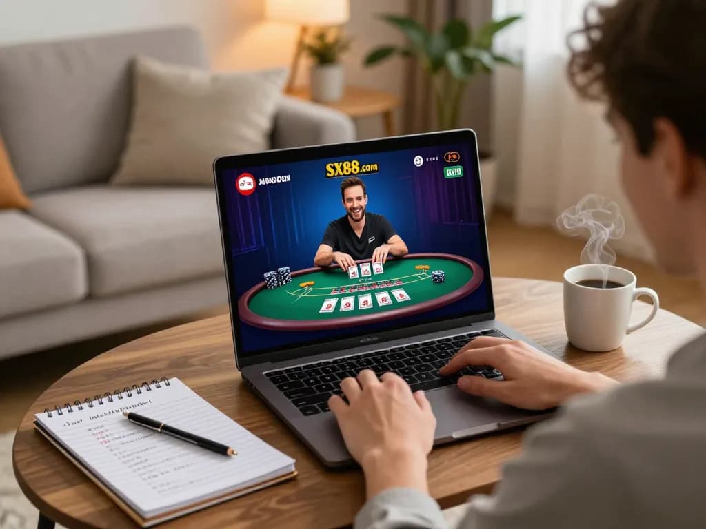 Player enjoying a live dealer blackjack game on SX88.com from a cozy home setup, showcasing strategic gameplay.
