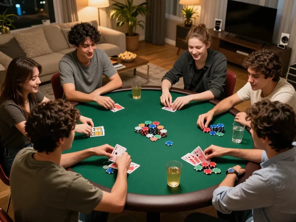 Friends playing poker at home with JUN88 chips in a lively atmosphere.