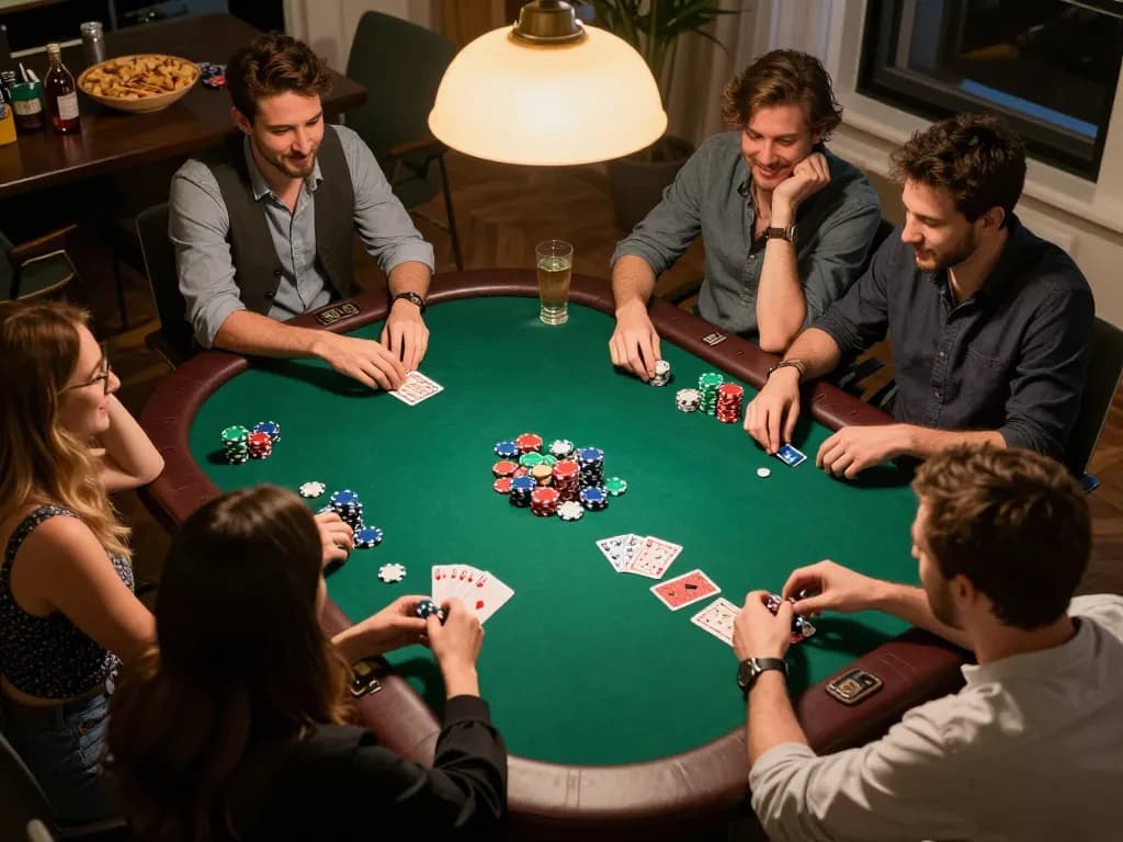 Các người chơi thưởng thức một đêm poker hồi hộp tại nhà, thể hiện tinh thần của câu lạc bộ 789 thông qua sự tương tác xã hội sôi nổi.