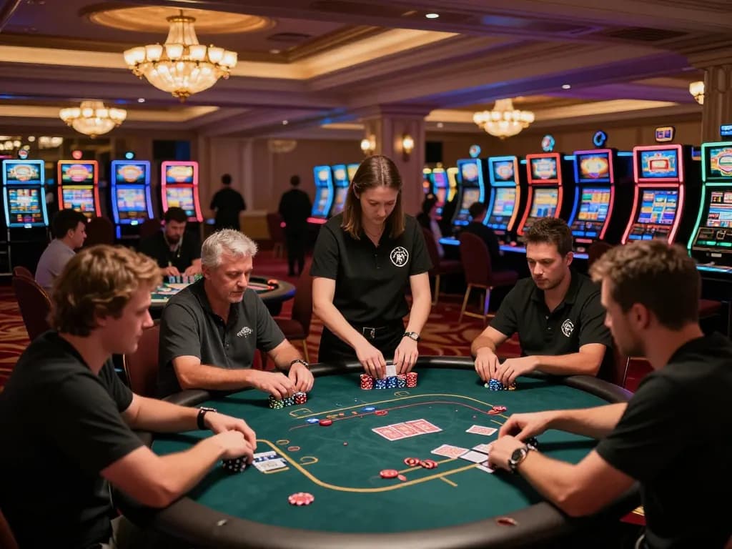 Trải nghiệm chơi game Sun win với người chơi tham gia tại một bàn poker sôi động trong một sòng bạc cao cấp, minh họa cho lối chơi chiến lược và sự hứng khởi xã hội.