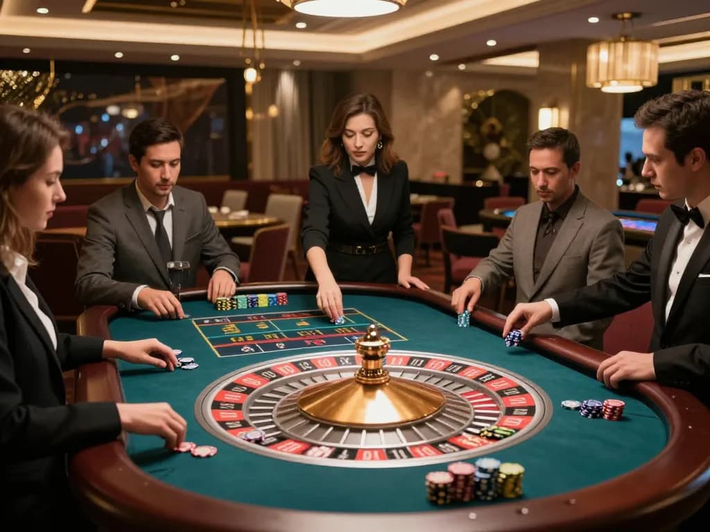 Experience the thrill of roulette at https://da88.navy/ with players placing bets and croupier spinning the wheel.
