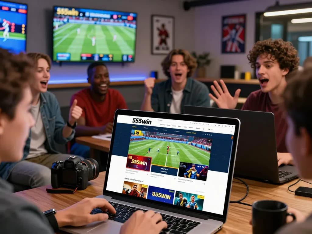 Engaged bettors using the 555win app in a lively sports lounge setting.