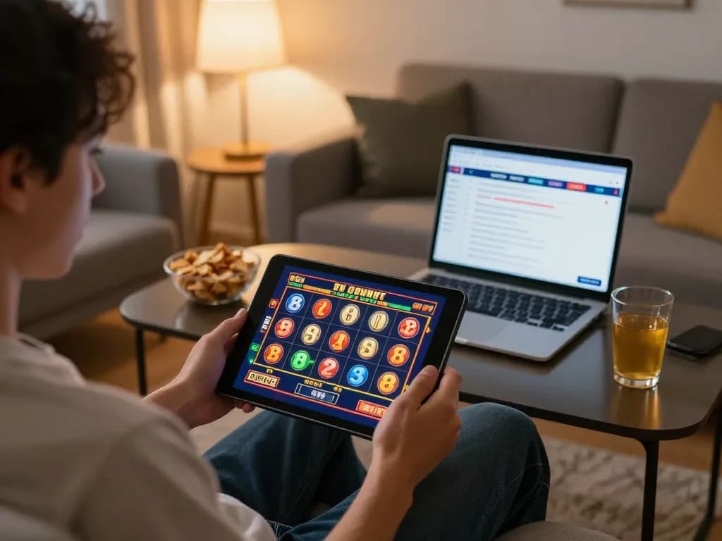 Engaging scene of a player on Trang chủ F168 enjoying online slot gaming on a tablet in a cozy home setting.
