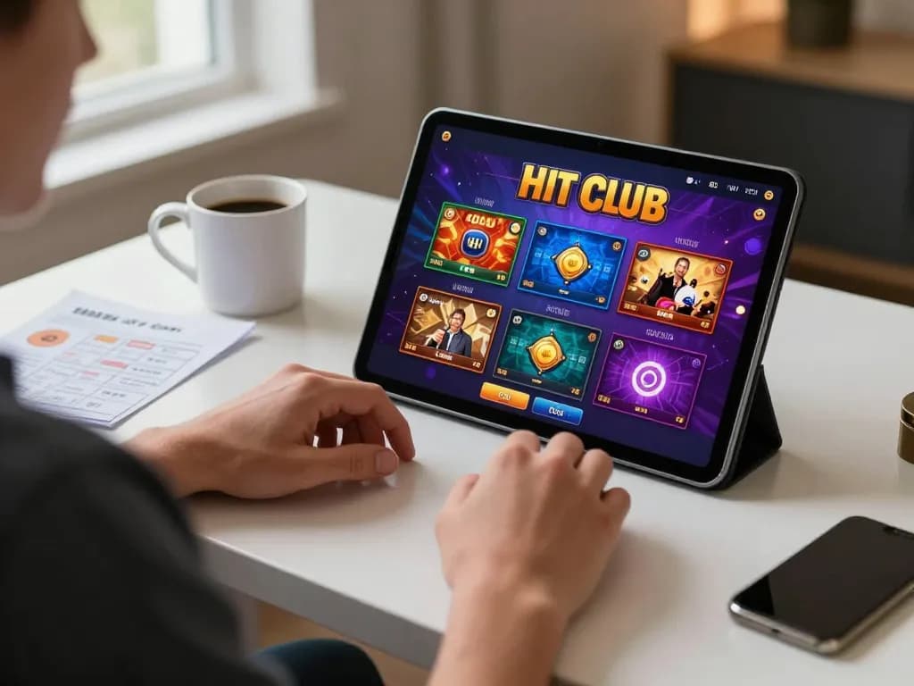 Người tham gia trò chơi Hit club trực tuyến, giới thiệu một môi trường casino tương tác với máy tính bảng.