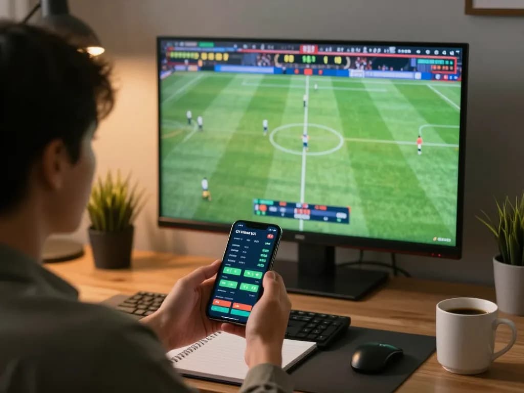 Tỷ lệ kèo trực tuyến displayed on smartphone during sports betting session in modern home office.