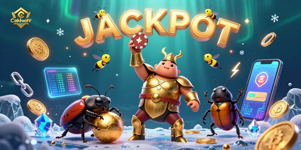Cakhiatv showcases a vibrant animated beetle in a poker victory scene filled with crypto elements and excitement.