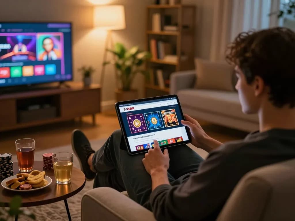 Engaged player exploring pg88 online casino games on a cozy tablet setup.
