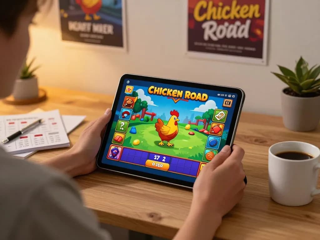 Gioco coinvolgente di recensioni chicken road visualizzato su un tablet in un ambiente domestico moderno, evidenziando l'attività di gioco vivace.