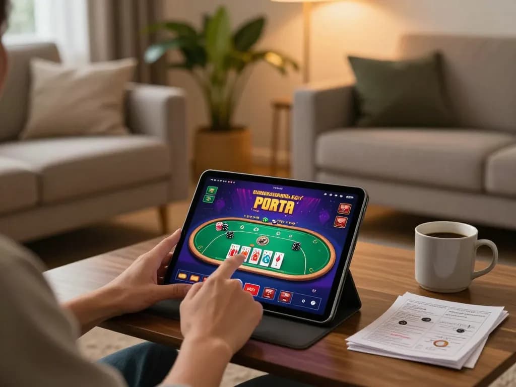 Person using Jun88 tablet for online casino gaming, showcasing a relaxed atmosphere with strategy notes.