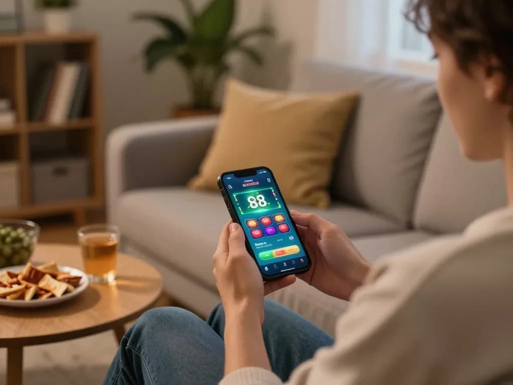 Người chơi tận hưởng ứng dụng casino Go 88 trên điện thoại thông minh trong không gian ấm cúng tại nhà, thể hiện cách chơi game có trách nhiệm.