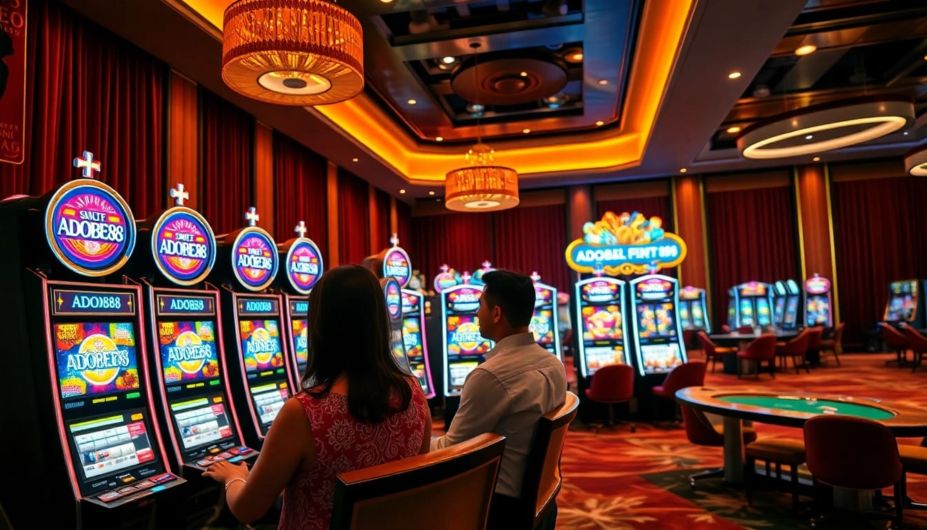 Players enjoying the excitement of ADOBET88 slot machines in a luxurious casino setting