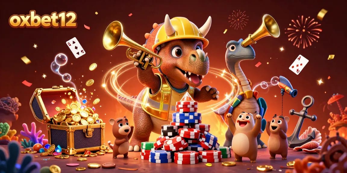 Experience the excitement of oxbet12 with cheerful dinosaurs celebrating a thrilling casino scene.