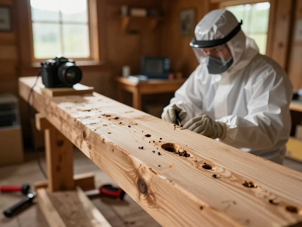 Primo piano di legno infestato da coleotteri, che mostra metodi di sterilizzazione microonde per l'estinzione dei coleotteri.