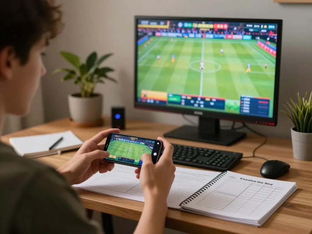 Engaging in sports betting through open88c on a smartphone in a cozy home office setting