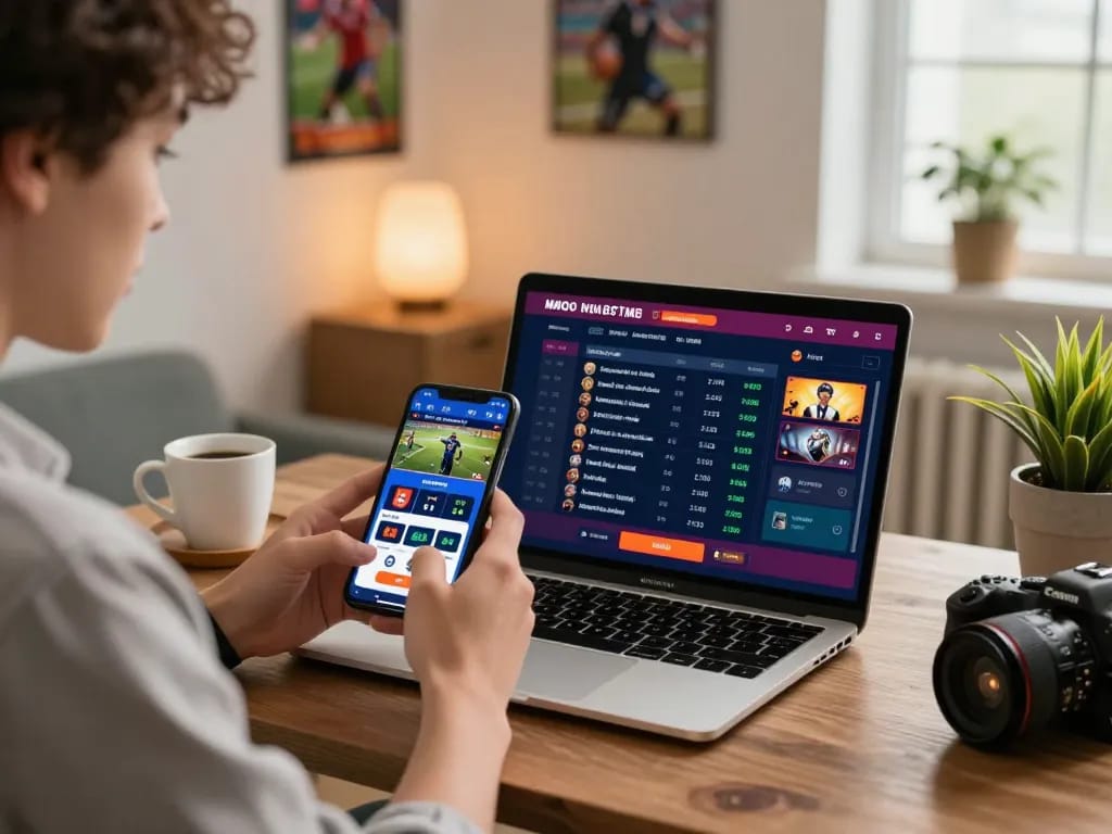 User engaging with betting app on https://mmoo1.de.com in a vibrant home workspace, showcasing modern online gaming.