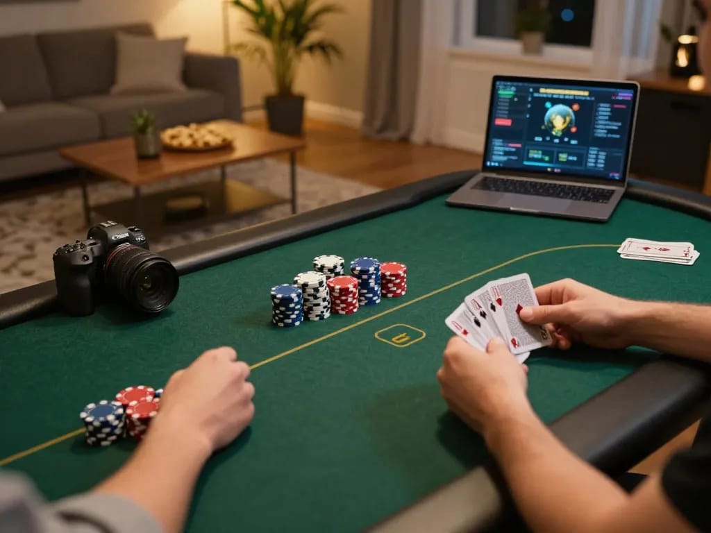 F8BET player enjoying strategic poker gameplay at home with cozy atmosphere and modern decor