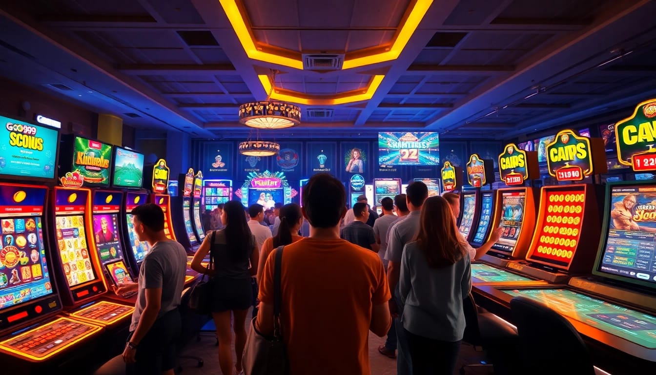 Dynamic representation of diverse players enjoying GO99's online gaming platform with various games displayed.