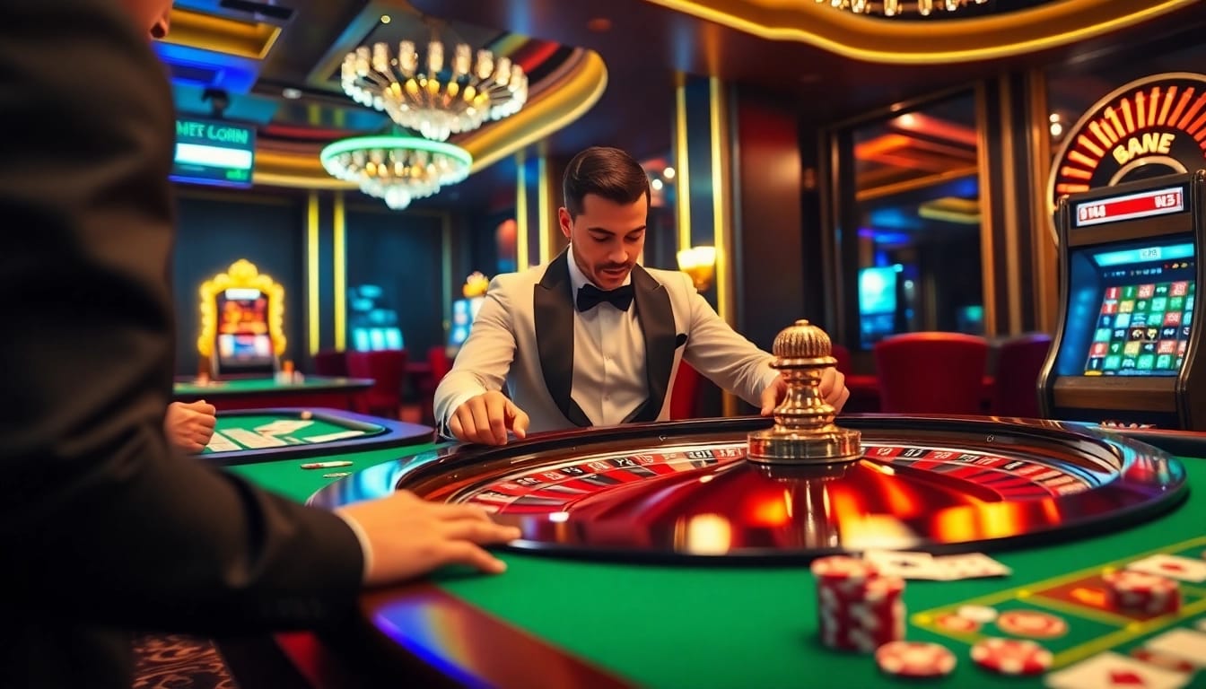 Engaging in a thrilling roulette game at tg88 casino platform, surrounded by vibrant lights and luxury.