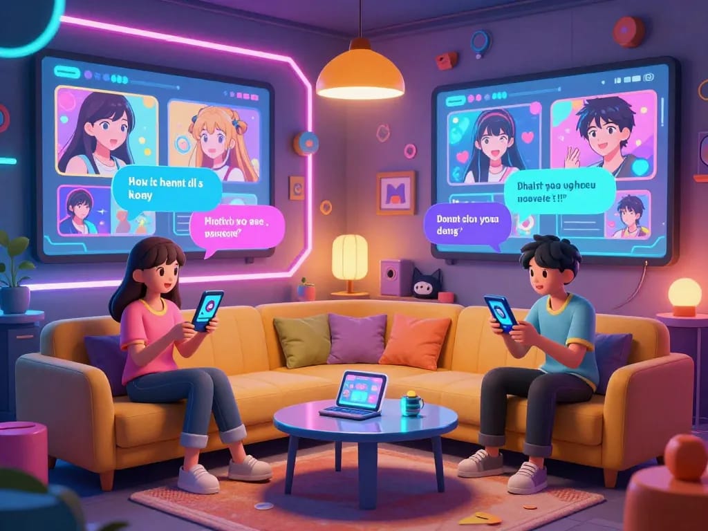 Immersive hentai ai chat scene featuring engaging anime characters in a vibrant digital setting with playful conversation bubbles.