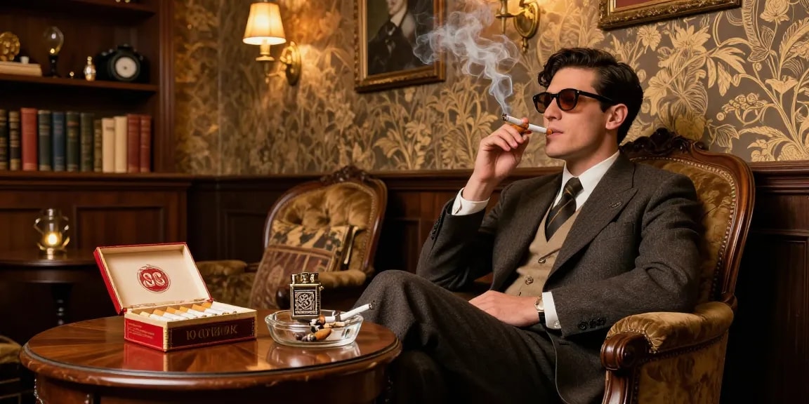Individual enjoying rokok 88 cigarettes in a vintage lounge setting with warm lighting and elegant decor.