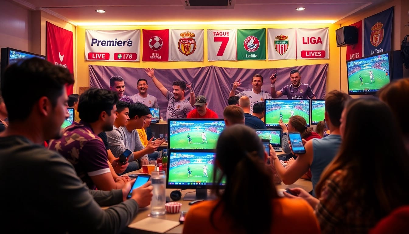 Live football streaming experience on https://okwintv.zone/ with excited fans watching matches on devices.