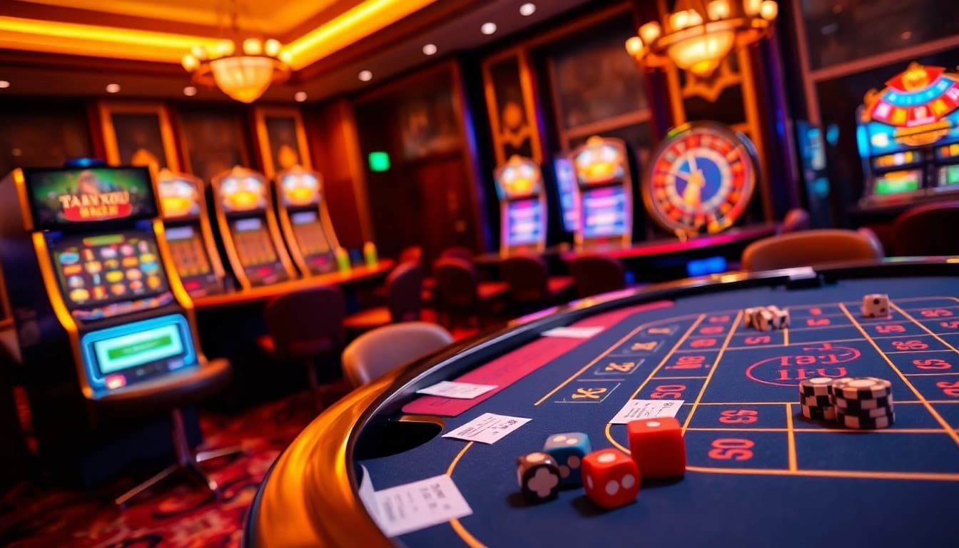 Tài xỉu md5 gameplay with vibrant casino elements showcasing excitement and transparency in gambling.