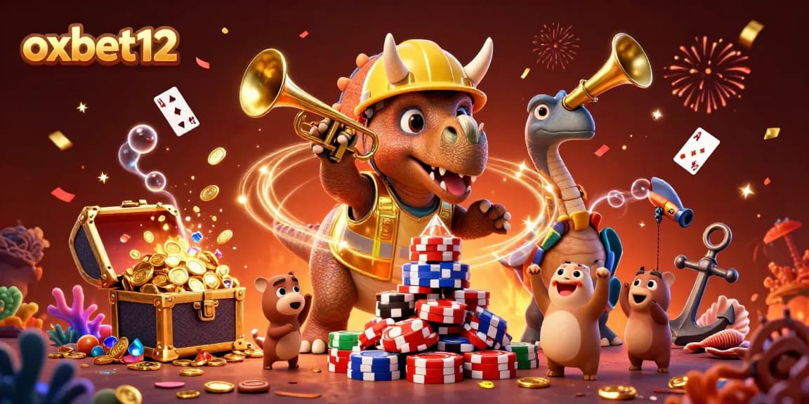 Experience the excitement of oxbet12 with cheerful dinosaurs celebrating a thrilling casino scene.