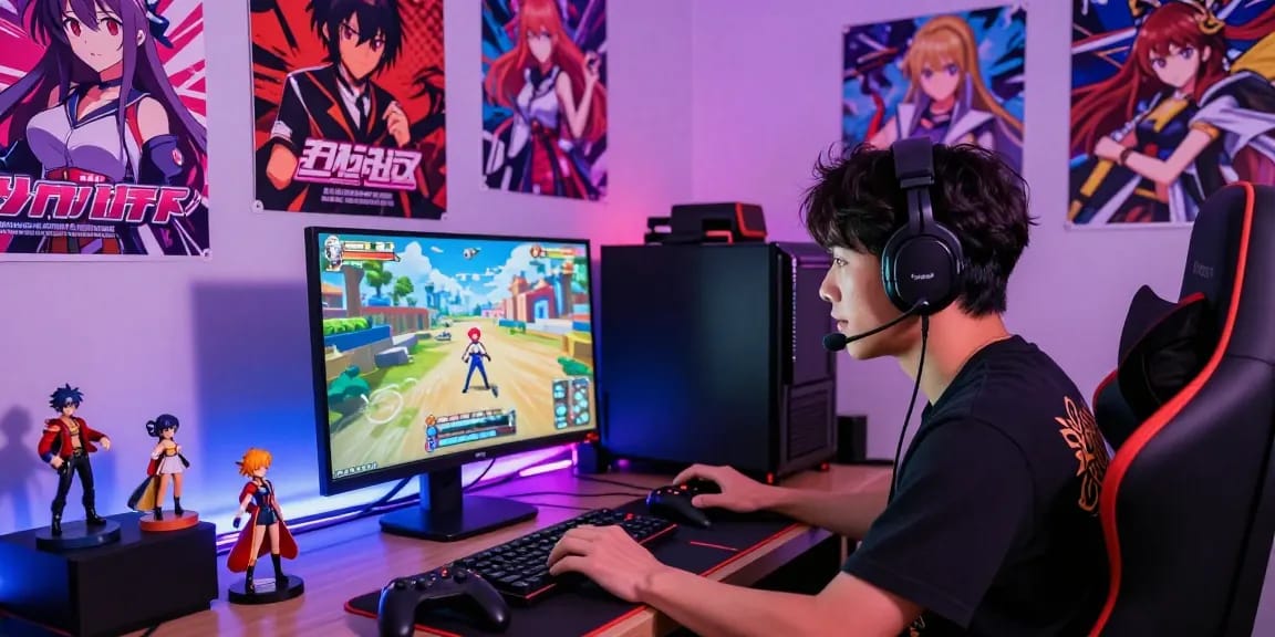 Gamer immersed in a colorful hentai game with vibrant studio decor, showcasing the excitement of adult visual novels.