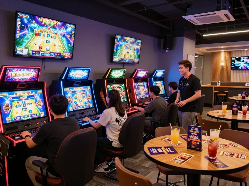 No Hu gaming lounge with players engaging in vibrant slot games and colorful decor.
