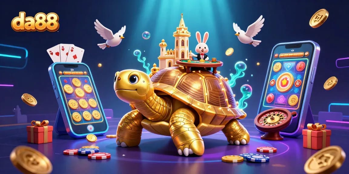 Experience the excitement of da88 with a vibrant 3D scene featuring casino elements and golden coins.