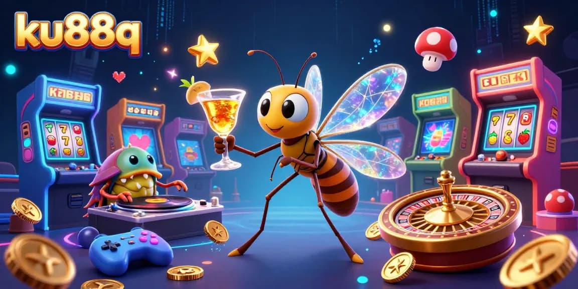 Engage with ku88q's vibrant casino world featuring a 3D mascot amidst golden roulette and dynamic gaming elements.