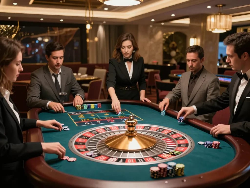 Experience the thrill of roulette at https://da88.navy/ with players placing bets and croupier spinning the wheel.