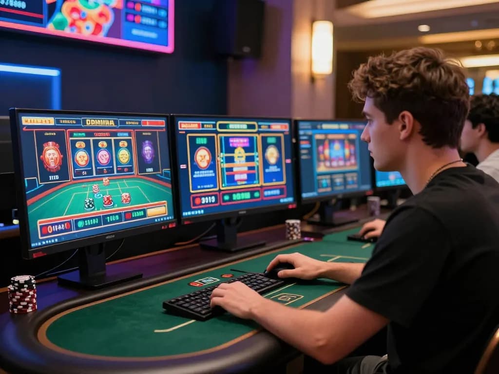 Experience tg88 vip online gaming strategy with multiple screen setup showcasing vibrant casino games.