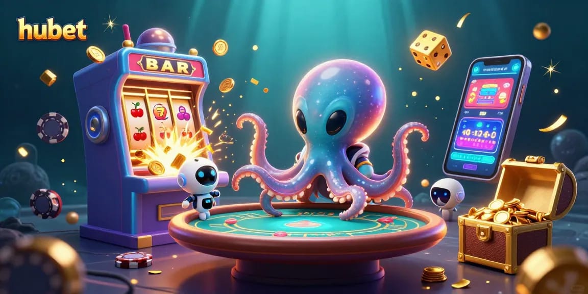 Experience hubet’s cosmic poker adventure with an alien octopus and vibrant casino elements.