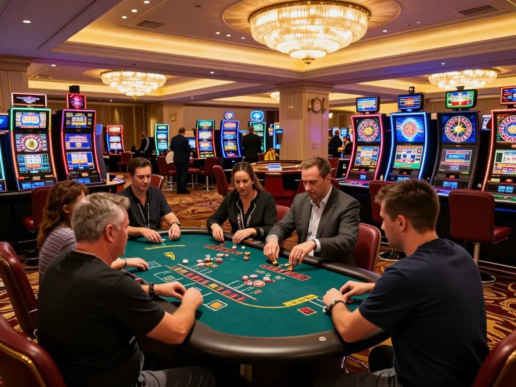 I9BET players enjoying blackjack and slots in a vibrant casino atmosphere