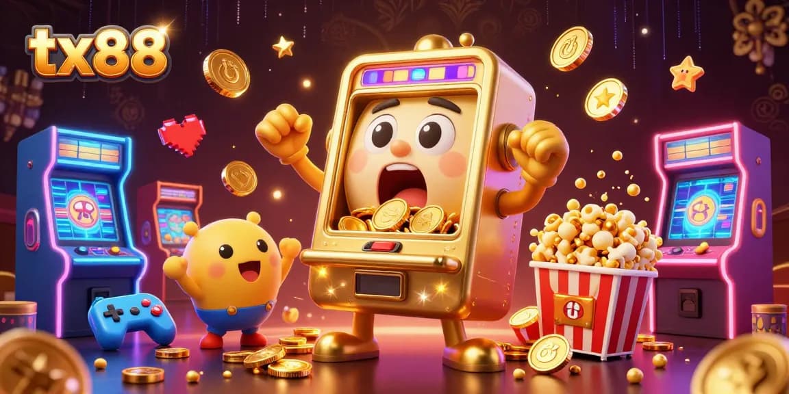 Experience excitement with tx88's vibrant casino scene featuring a cartoon slot machine winning a jackpot.