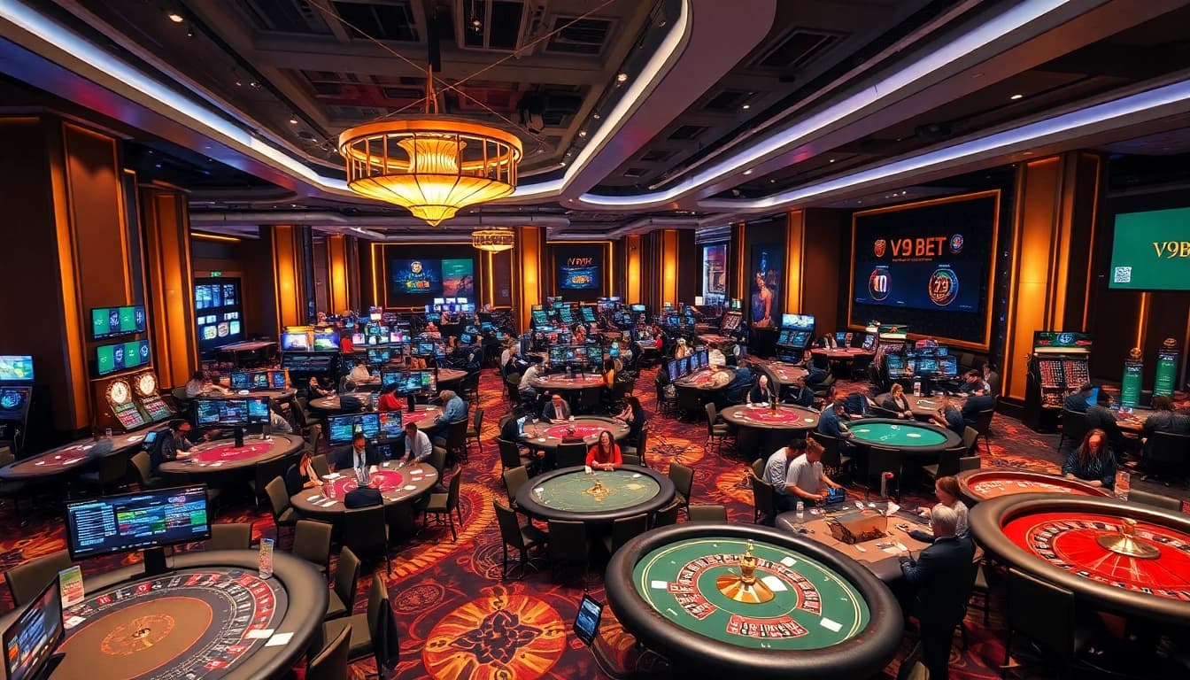 Casino players enjoying games at V9bet's vibrant venue, highlighting https://v9bet.ceo's dedication to luxury and security.