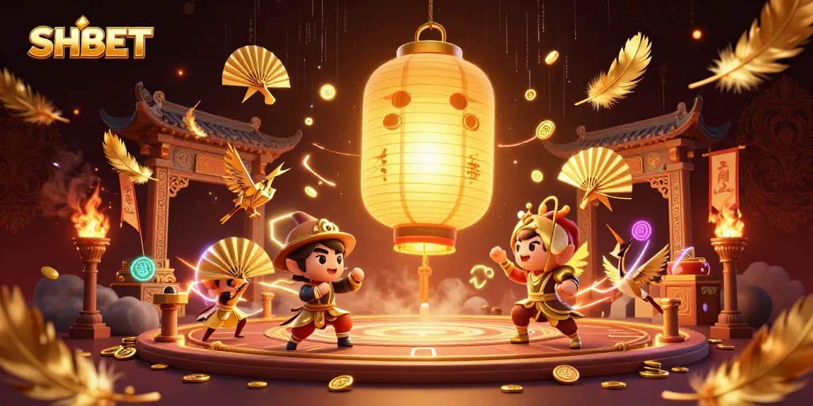 Experience thrilling gameplay at SHBET with vibrant casino elements, including a golden lantern spirit and dynamic warriors.