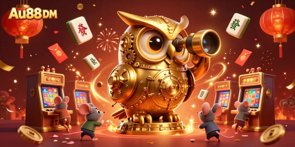 Engage with thrilling casino action at Au88 DM, featuring a vibrant rich illustration of a clockwork owl and festive gambling elements.