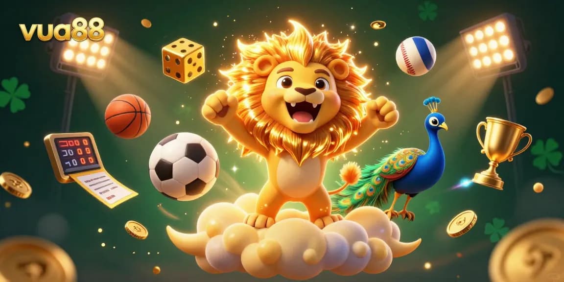 Experience the excitement of betting with vua88 in a vibrant casino scene filled with sports and golden elements.