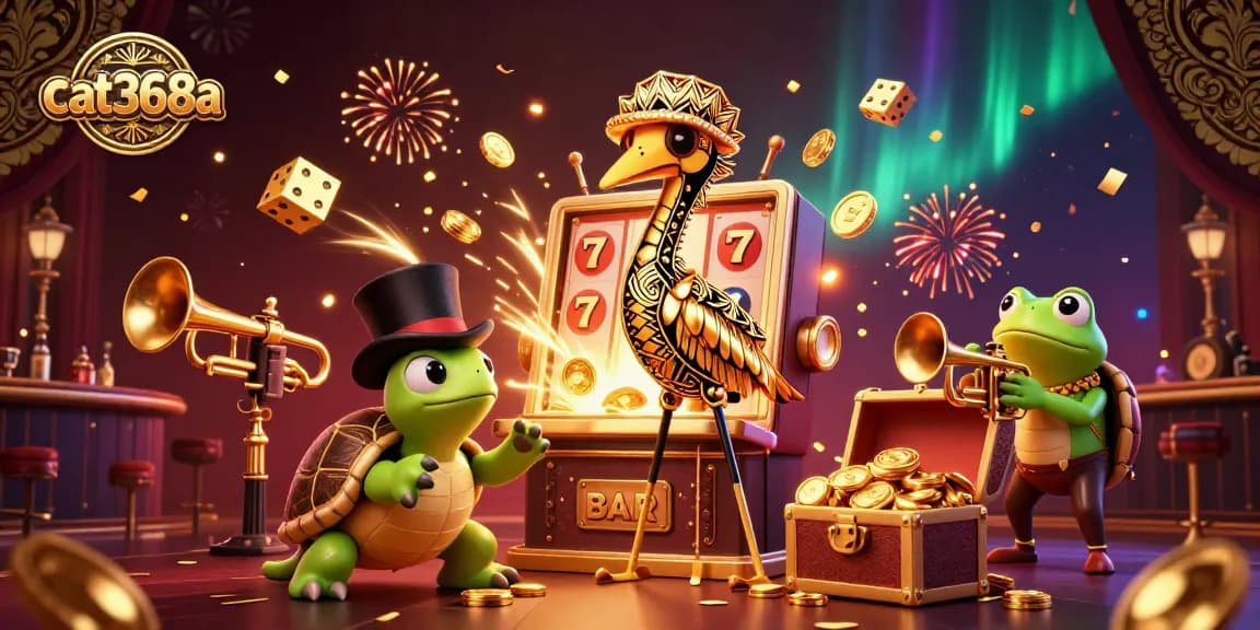 Join the fun at cat368a with a lively scene of a turtle in a top hat, a dancing frog, and a glamorous crane amidst exploding jackpots!