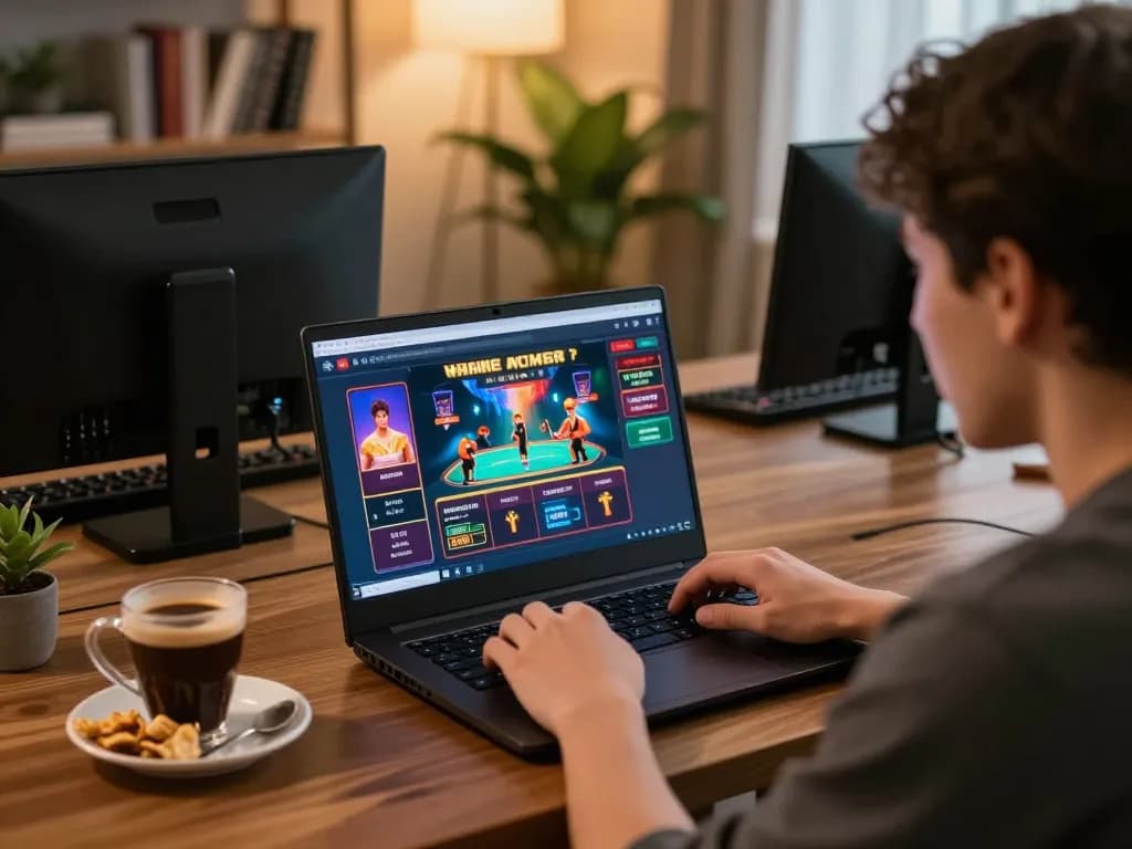 Player engaged in kuwin co online casino gaming at home, showcasing a personalized space with lively graphics.