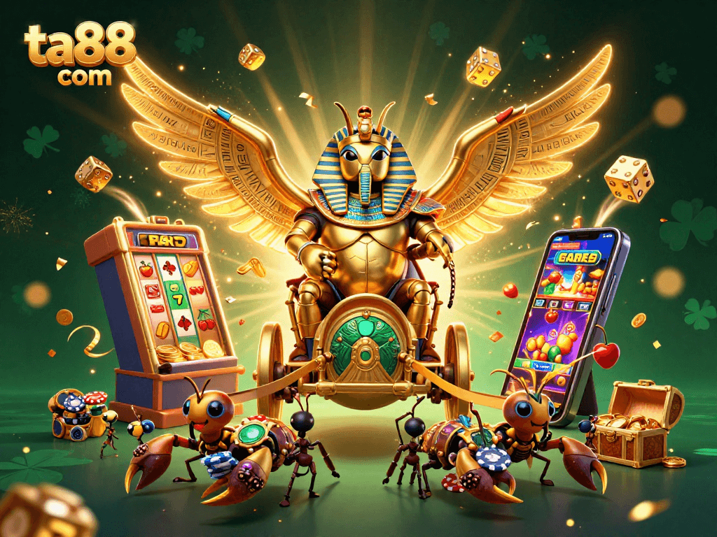 Engage with ta88 com's vibrant casino elements featuring a golden scarab beetle and jackpot explosion.