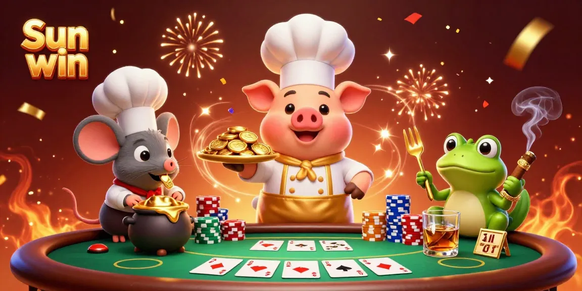 Sun win casino scene with a chef pig serving gold coins, entertaining players with vibrant gaming elements.